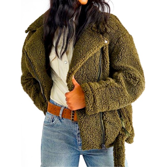 We The Free Jackets & Blazers - Free People Green Plush Faux Sherpa Slouchy Moto Jacket